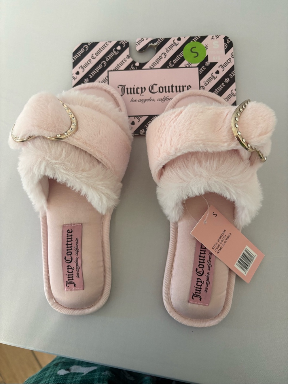 Juicy Couture Pale Pink Faux-Fur Slide Slippers with Gold Crescent Buckle